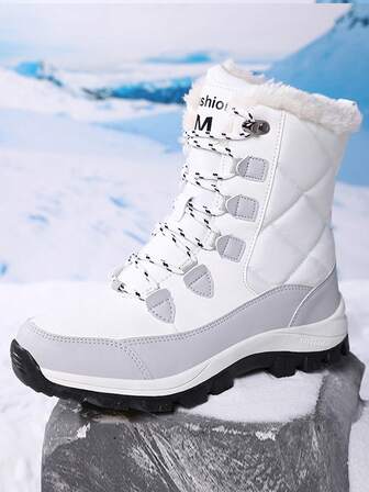 1 par de botas de nieve para mujer de talla grande, nuevo estilo de invierno 2025, con cuello vuelto cálido, forro térmico, zapatos de nieve de moda casual, impermeables y antideslizantes, adecuados para viajes de nieve y esquí, tallas 35-42