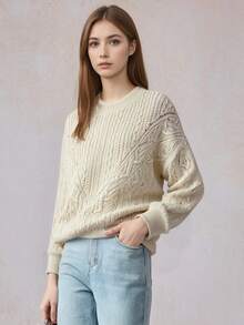 Pulover de damă cu mânecă lungă, casual, tricotat cu împletitură, culoare solidă, guler rotund, umeri căzuți, stil casual, la modă și versatil