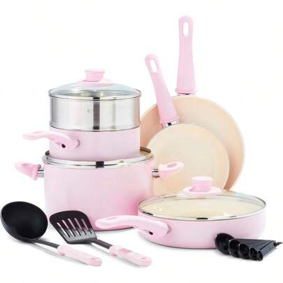 Soft Grip Ceramic Nonstick Pink Cookware Pots And Pans Set 12 Piece