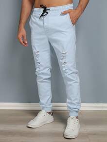 Men's Ripped Jogger Pants With Elastic - Baby Blue - View 4