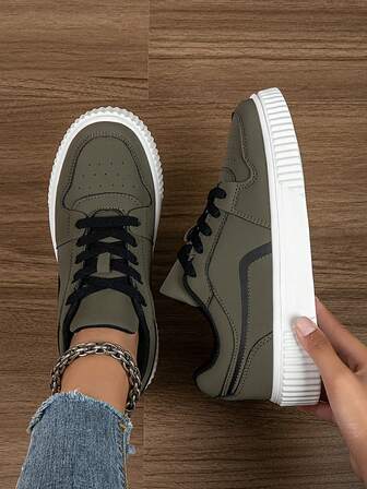 Women's Fashion Casual Sneakers Low-Top Lace-Up Breathable Color Block Athletic Shoes, Lightweight & Comfortable Skate Shoes