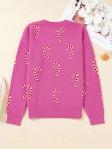 Acelitt 女士粉色圣诞糖果藤蔓假日休闲露肩宽松针织毛衣 - 彩色 - 查看 4