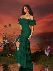 VIPGIRL 女士露肩网纱高开衩多层荷叶边长款晚礼服 - 墨綠色 - 查看 3