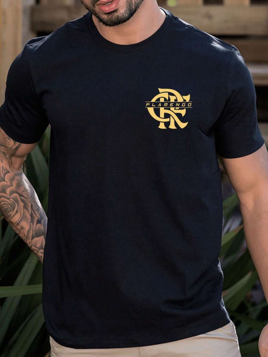 Flamengo Team Shirt Gold Shield Rubro  Casual Basic Plus Size T-Shirt - 黑色1 - 查看 1