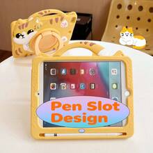 Cute Cat Design Tablet Case Compatible With Ipad A16 11th/10th/Mini/56789th/Air/Pro S6lite A7 A8 A9 Plus, With 360° Rotating Ring Stand & Portable Handle, Shockproof Silicone Cover - Yellow - View 5