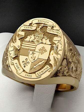 1pc 18K Gold Plated Mystical Totem Fountain Sculpted Badge Religious Cross Men Ring, Finely Carved Pattern, Suitable For Casual Wear And Gift