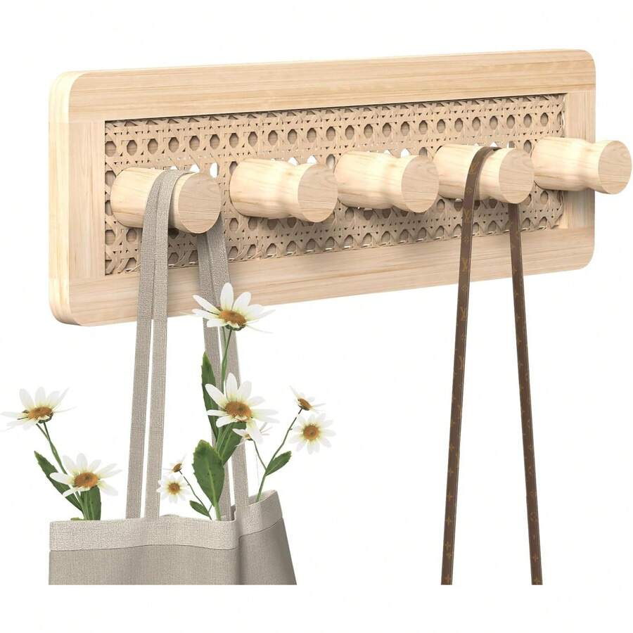 Wooden Wall Hooks, Wall Mounted Coat Rack For Entryway, Boho Wood Pegs For Hanging Coats And Hats, Decorative Coat Hanger Purse Holder For Towel Key Jacket Bag Leash Cap - F - Xem 1