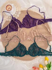 3件装女士纯色蕾丝薄杯钢圈舒适文胸 - 彩色 - 查看 3