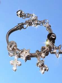 1 件黑色 8 号台球手链、1 件夜光十字架手链、1 件复古街头风格星形手链、1 件复古迷你熊心星形手链 - 彩色 - 查看 4