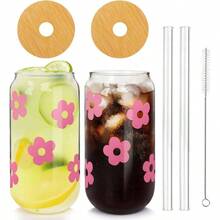 Tazas de caf helado, tazas de San Valentn, regalos para mujeres de 18 onzas, vasos de cerveza, vasos de vidrio con tapas de bamb y popotes, 2 juegos - 2 flores rosadas - Ver 2