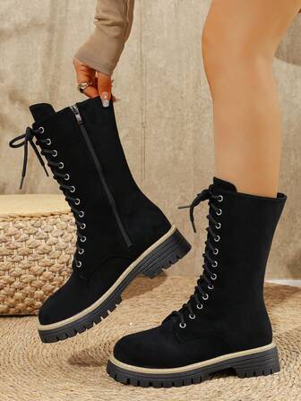 Women's Thick Sole Soft Bottom Western Style Lace-Up Side Zipper Metal Eyelet Holiday Casual Fashionable Versatile Mid-Calf Riding Boots, Autumn/Winter