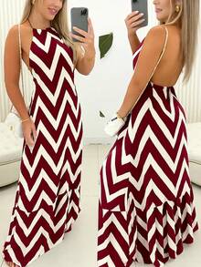 Women's Long Zig Zag Dress With Halter Neck And Back - 酒紅色 - 查看 1