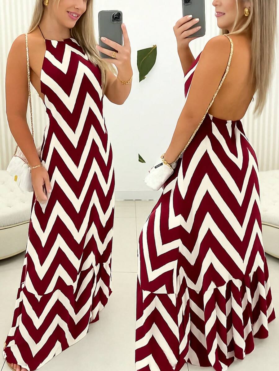 Women's Long Zig Zag Dress With Halter Neck And Back - 酒紅色 - 查看 1