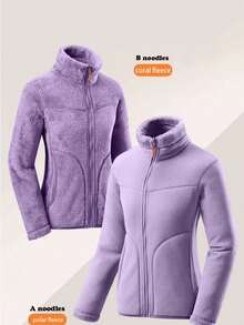 Women's Faux Sherpa Fleece Jacket, Warm & Soft, With Zipper Pockets, Reversible A/B Double-Sided Lining, Suitable For Outdoor Running, Hiking In Autumn/Winter,Skiing