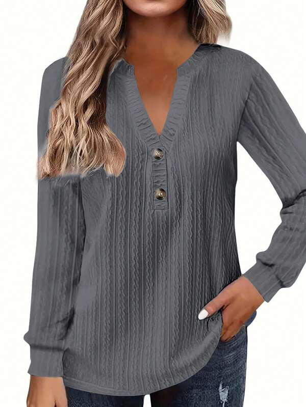 Women's Elegant V-Neck Button Up Long Sleeved Casual Top, Autumn And Winter Women's Clothing