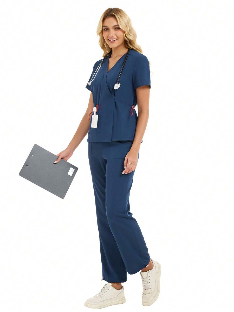 cimmuovere 女式 V 领短袖撞色抽绳口袋上衣和松紧腰多口袋可调节下摆裤子磨砂护士工作服牙医医疗保健宠物医院实验室制服套装