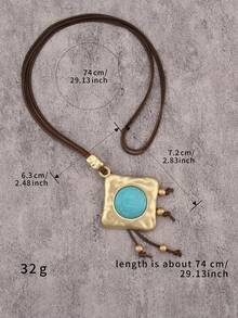 1 pieza Collar colgante cuadrado de aleación minimalista y elegante, collar largo de cuerda de cera turquesa y marrón, regalo para novio/novia