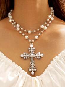1pc Fashion Metal Punk Style Cross Necklace, Exaggerated Faux Pearl Multi-Layer Necklace For Women, Suitable For Daily, Party, Wedding, Gift (Handmade Chain Customized Length, Pearl Quantity Varies) - 28848-nek-s White - View 2