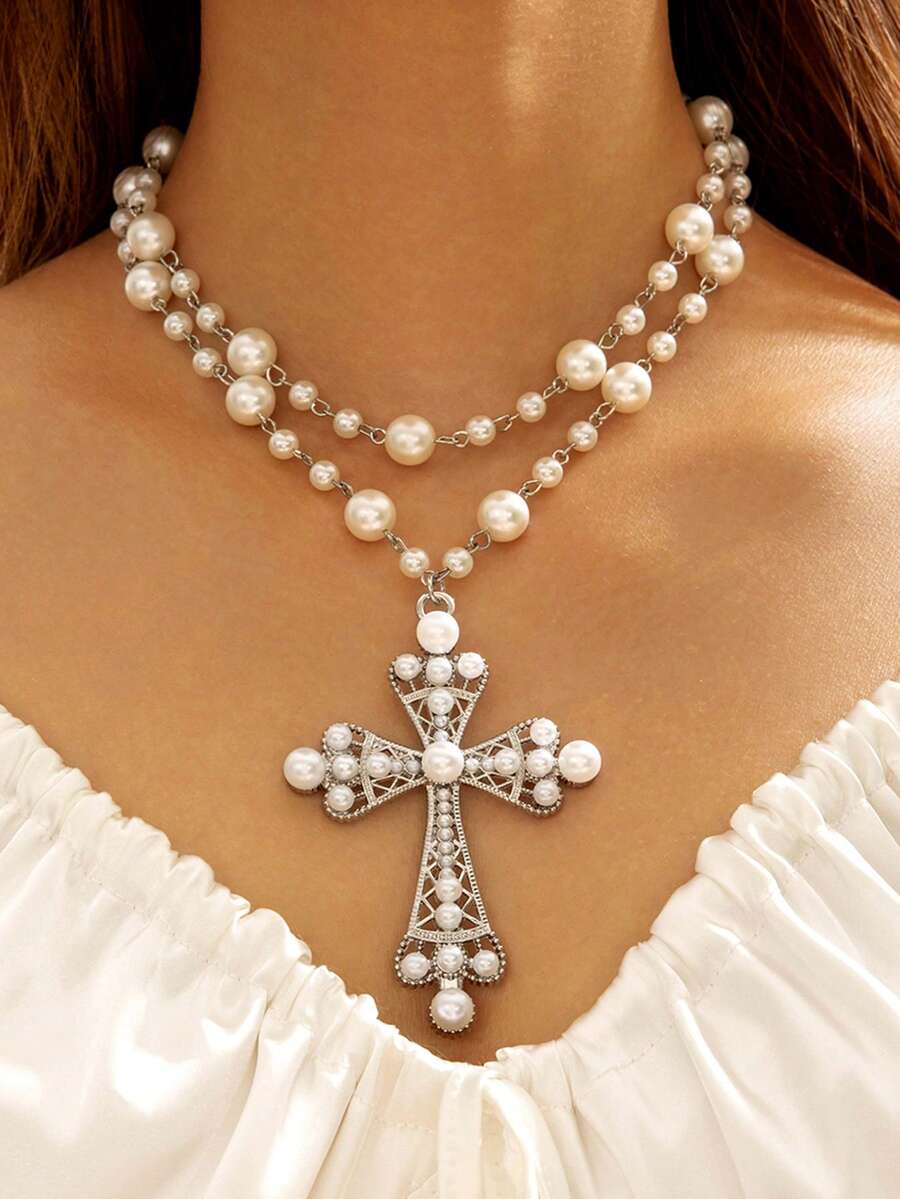 1pc Fashion Metal Punk Style Cross Necklace, Exaggerated Faux Pearl Multi-Layer Necklace For Women, Suitable For Daily, Party, Wedding, Gift (Handmade Chain Customized Length, Pearl Quantity Varies)