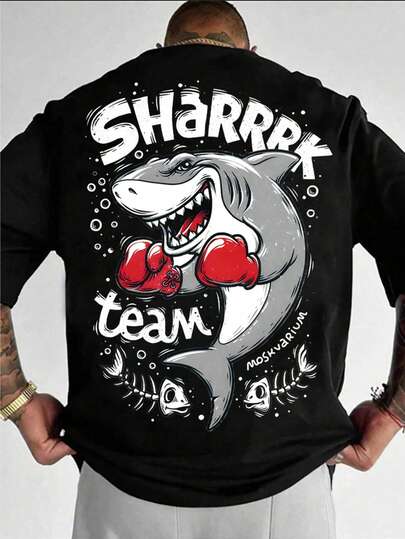 3D鲨鱼图案印花男士T恤，创意休闲透气男士短袖衬衫，适合居家穿着，清凉夏季上衣