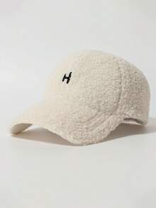 Classic Solid Color Faux Shearling Embroidered Letter Baseball Cap, Fashionable Outdoor Upgrade Women's Charm, Versatile Fluffy Baseball Cap, Embroidered Letter Casual Streetwear Party Cap, Polyester, Autumn/Winter