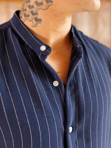 Men's Short Sleeve Shirt With Priest Collar Premium Quality Light And Fresh Fabric Easy To Iron - 藍白色 - 查看 3