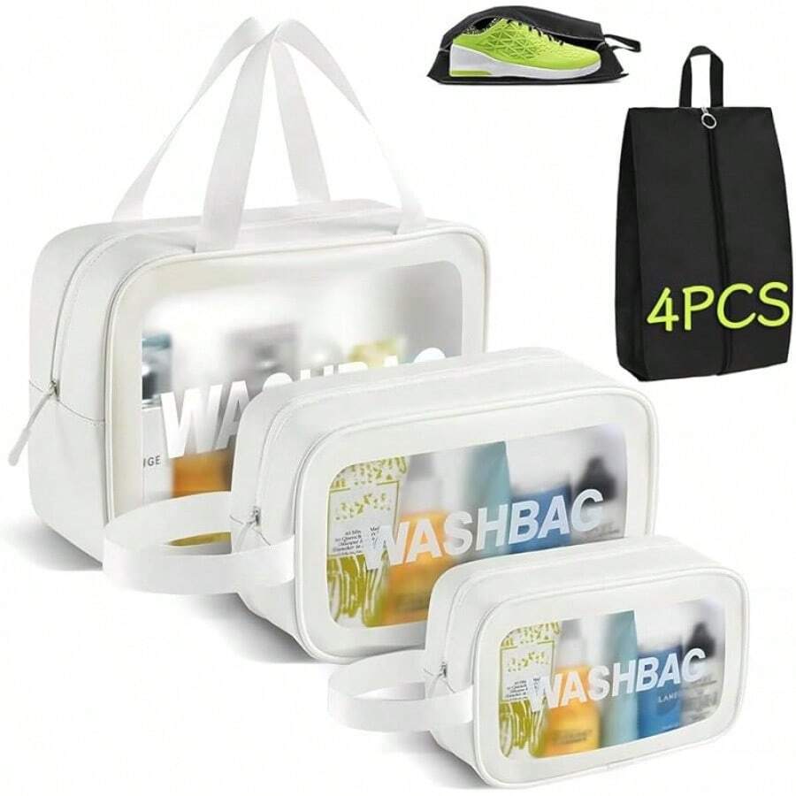 4 Piezas Bolsa de Maquillaje de Viaje, Neceser de Aseo Impermeable para Mujer y Hombre, Cosmetiqueras Transparentes Portatil, Organizador de Cosmético para Artículos de Tocador Baño (Blanco) - Blanco - Ver 1