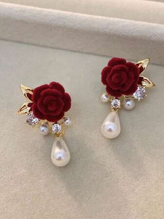 1 Pair Of Girly Red French Elegant Flocked Rose Earrings - Perfect Accessory For Parties And Birthdays