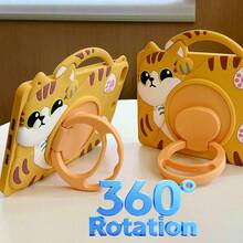 Cute Cat Design Tablet Case Compatible With Ipad A16 11th/10th/Mini/56789th/Air/Pro S6lite A7 A8 A9 Plus, With 360° Rotating Ring Stand & Portable Handle, Shockproof Silicone Cover - Yellow - View 4