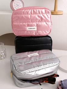 1pc Minimalist Portable Quilted Cosmetic Bag, Travel Toiletry Organizer