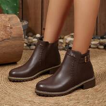 Western Style Back Zipper Holiday Autumn/Winter Short Boots For Women, Vintage Marking Line Boots, Casual Buckle Decor
