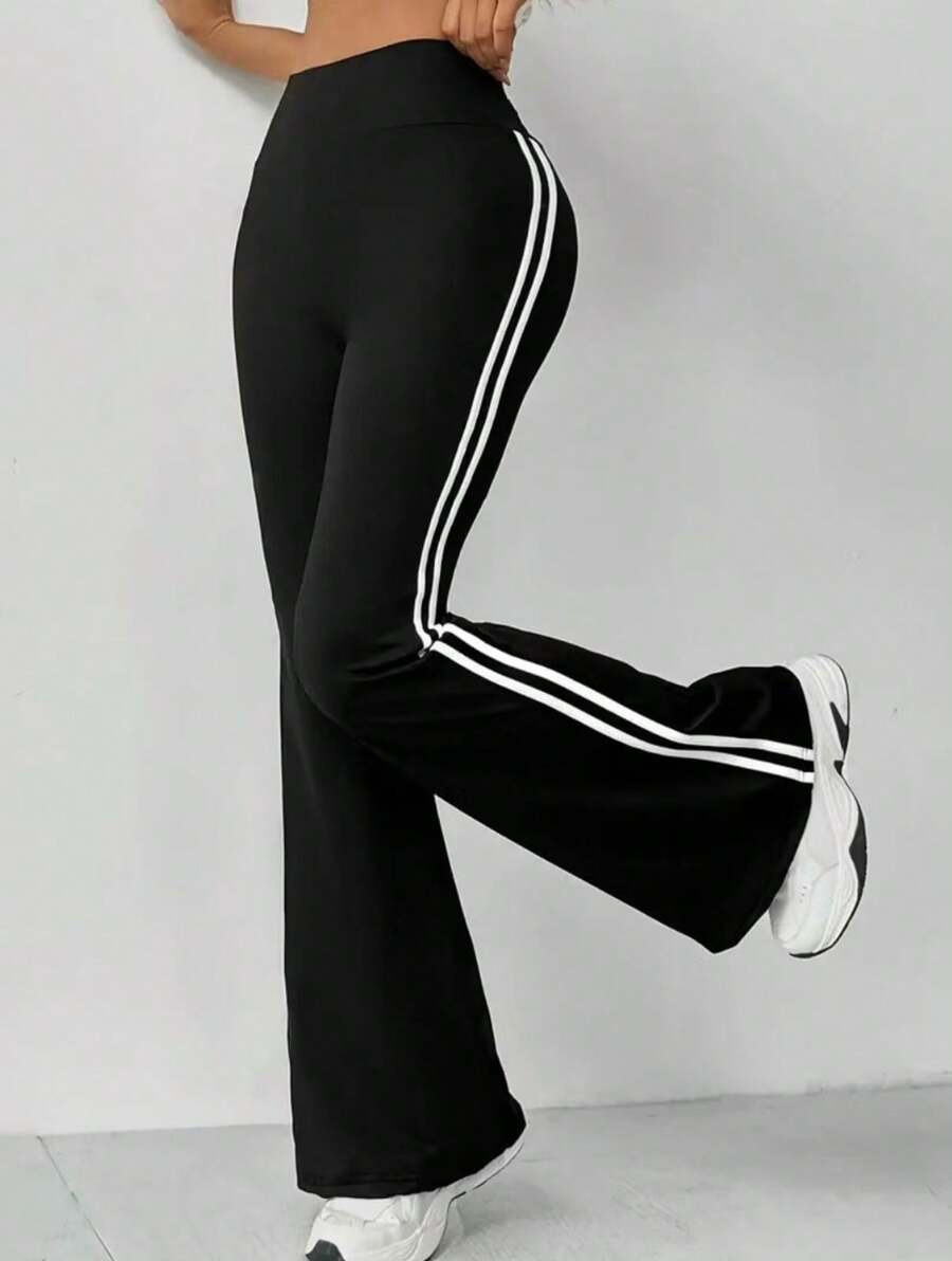 Fitness Ballerina Pants Side Stripes Comfortable Gym Semi Flare Workout Clothes - 黑色 - 查看 1