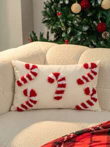 1pc Christmas Candy Cane Pattern Pillow Cover, Christmas Atmosphere Pillow Sham, Lumbar Pillow Cover, 17.7*17.7 Inches (45*45cm)/11.8*19.6 Inches (30*50cm), Candy Cane Pattern, Chenille Fabric, Soft And Comfortable, Suitable For Sofa, Living Room, Bedroom, Car, Office, Hotel, Decoration, Perfect Gift For Family And Friends, All Seasons, No Pillow Insert, Red - Red - View 5