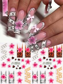 2/1pc 5D Retro Leopard Print Nail Stickers – Pink Hibiscus, Zebra & Leopard Patterns, French-Style Embossed Self-Adhesive Decals; Sexy & Glamorous Autumn/Winter Nail Art Decorations For DIY & Salons. - Multicolor - View 7