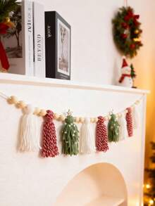 1 PIEZA Guirnalda de cuentas de madera con borlas, decoración de pared estilo bohemio, decoración navideña para el hogar, decoración de pared, decoración de fiesta, decoración de otoño, 2025, decoración de pared