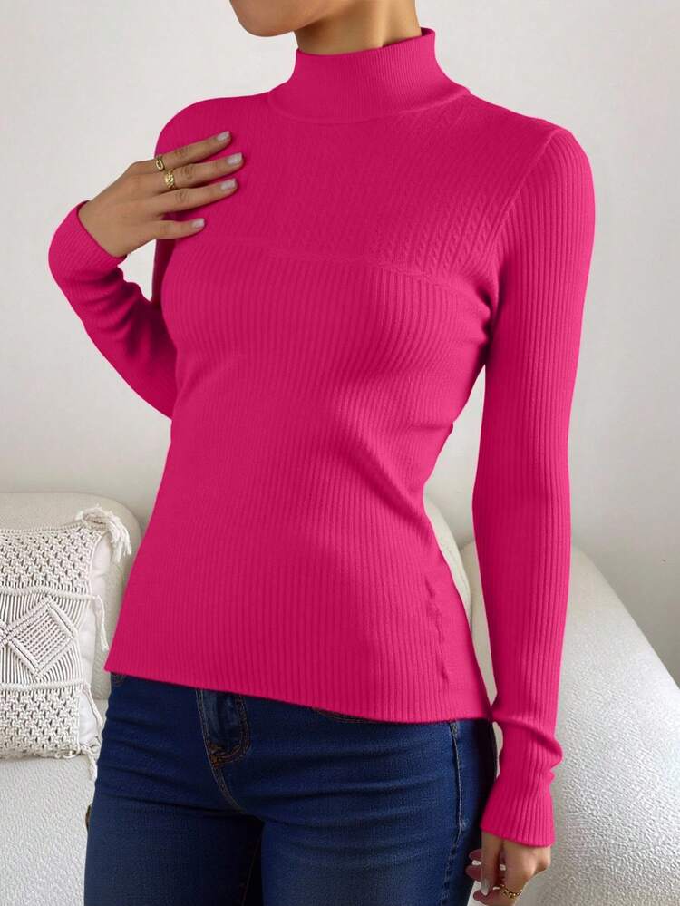 Blusa térmica dama mujer estilo moderno tejido color sólido ajustada cuello alto manga larga otoño invierno oficina versátil elegante casual cómodo suave calientito - Rosa Fucsia - Añade 4