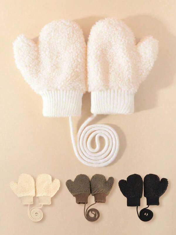 1 Pair Baby Solid Color Fleece Warm Mittens, Thick & Cozy For Autumn/Winter