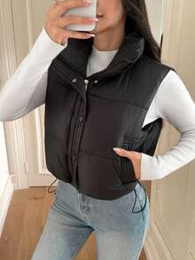 Chaleco sin mangas para mujer, de unicolor, con cuello alto, cálido y de moda, con diseño de botones delanteros, corto y sexy de estilo romántico, para otoño/invierno