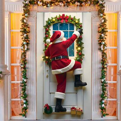 1 件圣诞老人门罩横幅，节日 2D 数码印花涤纶面料装饰，生动的圣诞老人攀爬与圣诞花环和 LED 灯串设计，室内和室外家居装饰，适合圣诞节派对和圣诞节季节性庆祝活动用品