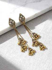 1 par de pendientes bohemios vintage de aleación con borlas y campanillas pequeñas, adecuados para que las mujeres los usen en vacaciones