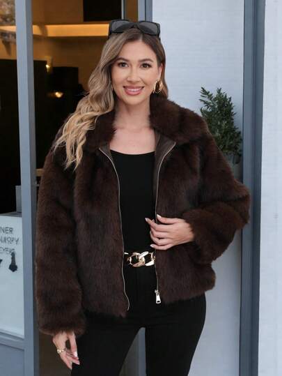 Elegancki damski brązowy płaszcz ze sztucznego futra, klasyczny kołnierz i długie rękawy, modna krótka kurtka