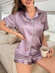 Women's Elegant Solid Color Short Silk Pajama Set - Short Sleeve Button Collar Top And Pants, Soft Satin Sleepwear, Machine Washable, Can Be Worn Outerwear, Summer - Purple - View 3