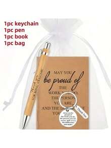 24件/6套团队员工感谢礼盒，包含6支竹制圆珠笔、6本口袋励志笔记本和6个励志钥匙扣，适合办公室职员、志愿者、护士、教师、同事、团队建设、退休人员、汽车配件、包包挂饰，可爱哥特风，Y2K风格，圣诞礼物之选。