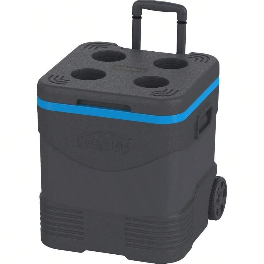 Trolley Ice Box Cooler On Wheels High Performance Cool Box With PU Insulation Side Handles With Secure Lid Locking And Cup Holders On Lid Anthracite And Blue - GreyBlue - View 1