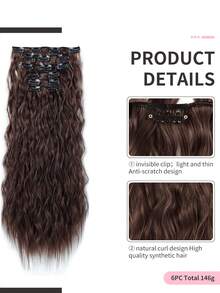 6 piezas de extensiones de cabello sintético ondulado tipo cola de sirena de 24 pulgadas de largo, adecuadas para mujeres, color marrón oscuro - Marron oscuro - Ver 4