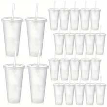 30/15 Pack Reusable Large Plastic Cups With Straw Lids, 24oz Portable Straw Cups, Large Capacity Beverage Cups Suitable Gatherings, Families, Schools, Offices, Camping, Outdoor Use,, Halloween, Valentine's Day, Thanksgiving, Graduation Season, Birthday, Housewarming Gifts - 透明 - 查看 2