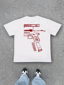 Camiseta de Verano de Manga Corta para Hombre con Estampado de Pistola, Casual y Elegante, Perfecta para el Uso Diario. - Blanco - Ver 1