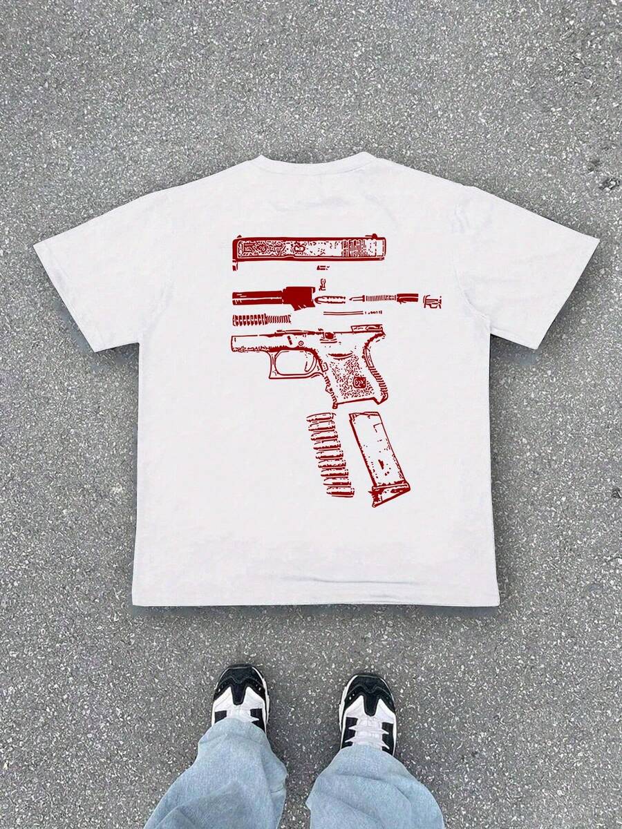 Camiseta de Verano de Manga Corta para Hombre con Estampado de Pistola, Casual y Elegante, Perfecta para el Uso Diario. - Blanco - Ver 1