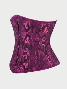 Underbust Corsets For Women,Corset Belt, Women's Floral Jacquard Lace Up Under Boob Corset Slimmer Body Shaper - 黑玫瑰紅 - 查看 2