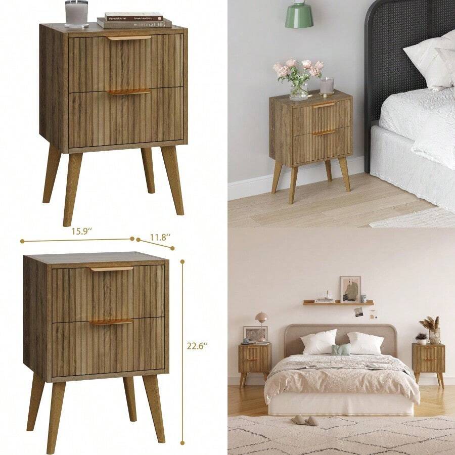 Fluted Nightstand With 2 DrawersModern Bedside Table With Metal Handles White Side Table With Solid Wood Legs Mid Century End Table For Living Room Bedroom Caramel Oak CAACTG55BR